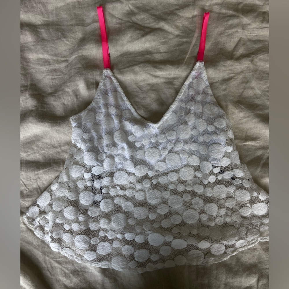 White volcom and hot pink crop top, sheer with built in bra, size medium